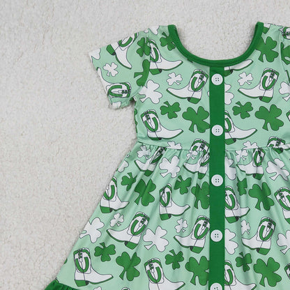 RTS GSD3404 Baby Girls Green Clovers Boots St Patrick Ruffle Knee Length Dresses