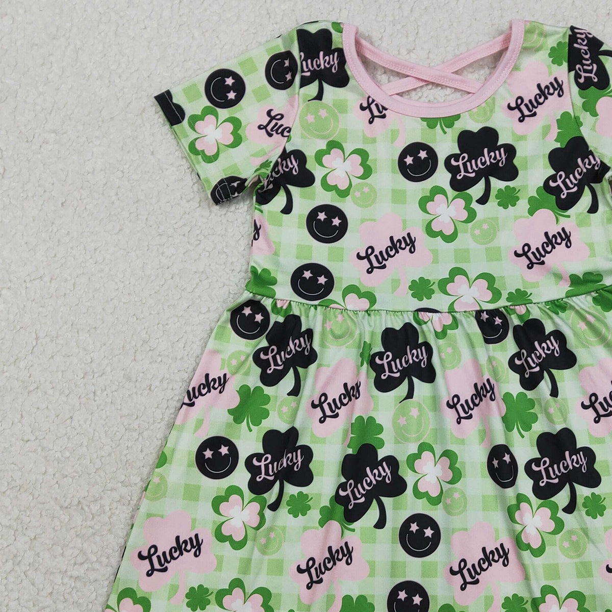 RTS GSD2840 Baby Girls Green Checked Clovers Lucky St Patrick Knee Length Dresses