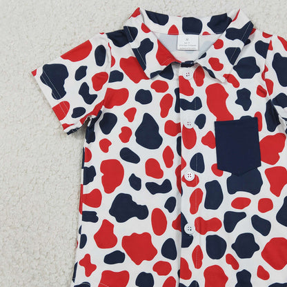RTS BT1656 Baby Boys Red Blue Cow Print 4th of July Button Pocket Shirts Top