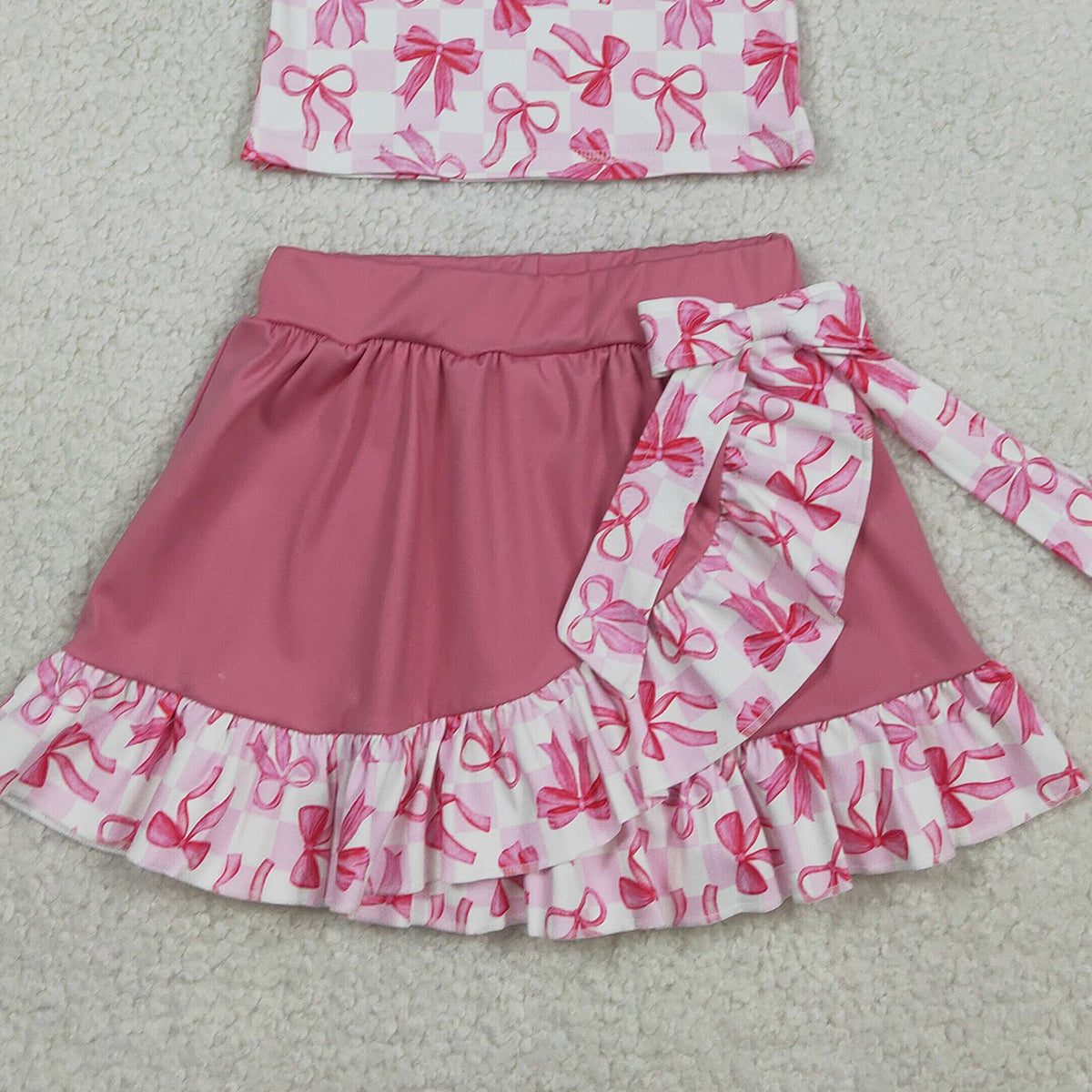 RTS GSD3480 Baby Girls Bows Checked Button Top Ruffle Skirt Shorts Yoga Active Clothes Sets