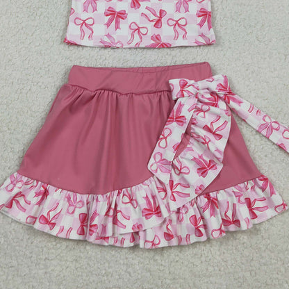 RTS GSD3480 Baby Girls Bows Checked Button Top Ruffle Skirt Shorts Yoga Active Clothes Sets