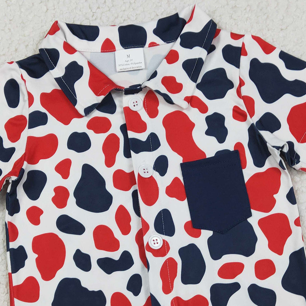 RTS BT1656 Baby Boys Red Blue Cow Print 4th of July Button Pocket Shirts Top