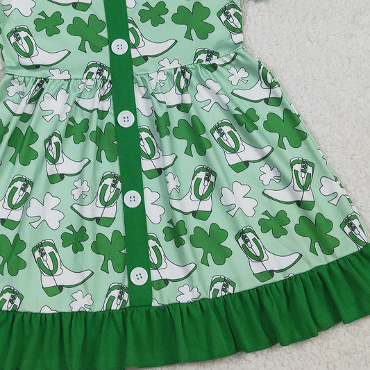 RTS GSD3404 Baby Girls Green Clovers Boots St Patrick Ruffle Knee Length Dresses