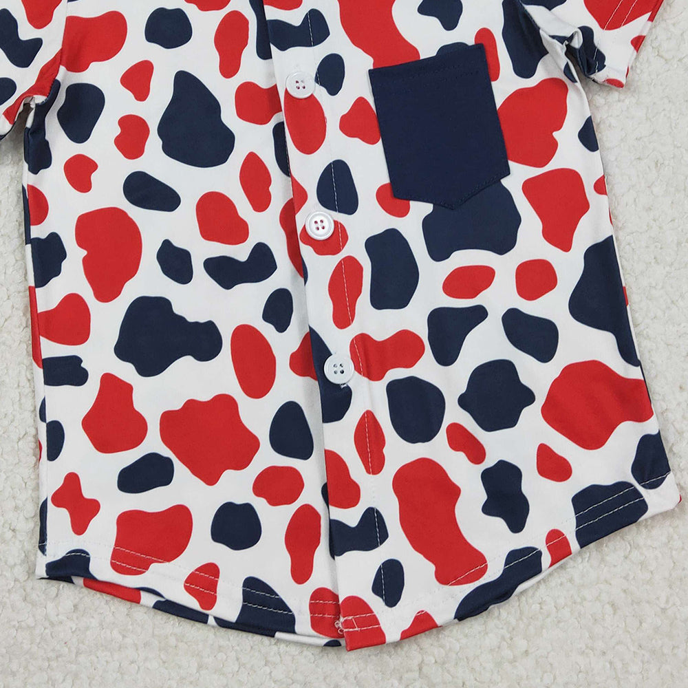 RTS BT1656 Baby Boys Red Blue Cow Print 4th of July Button Pocket Shirts Top
