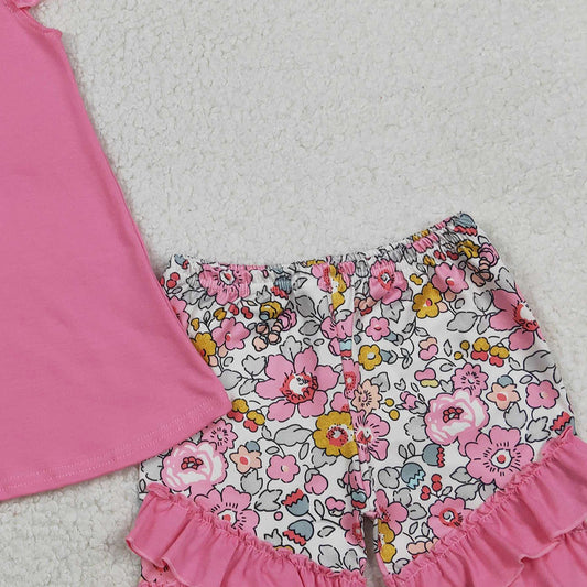 RTS GSSO3069 Embroidery Floral Crosses Baby Girls Tunic Ruffle Shorts Easter Clothes Sets