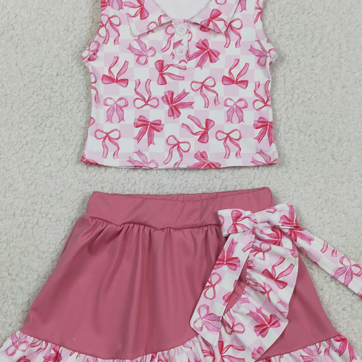 RTS GSD3480 Baby Girls Bows Checked Button Top Ruffle Skirt Shorts Yoga Active Clothes Sets