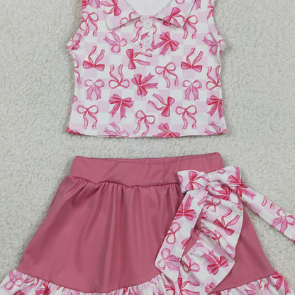 RTS GSD3480 Baby Girls Bows Checked Button Top Ruffle Skirt Shorts Yoga Active Clothes Sets