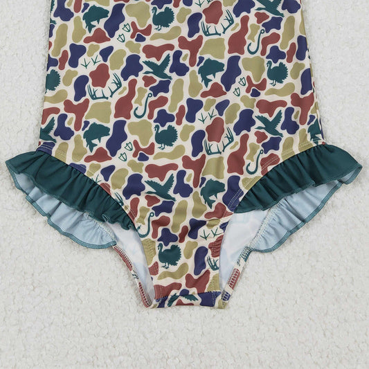 RTS S0598 Baby Girls Dark Green Ducks Deer Camo Ruffle Swimsuits