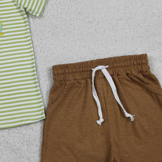 RTS BSSO1768 Embroidery Dog Fishes Baby Boys Green Stripe Top Pockets Shorts Hunting Clothes Sets