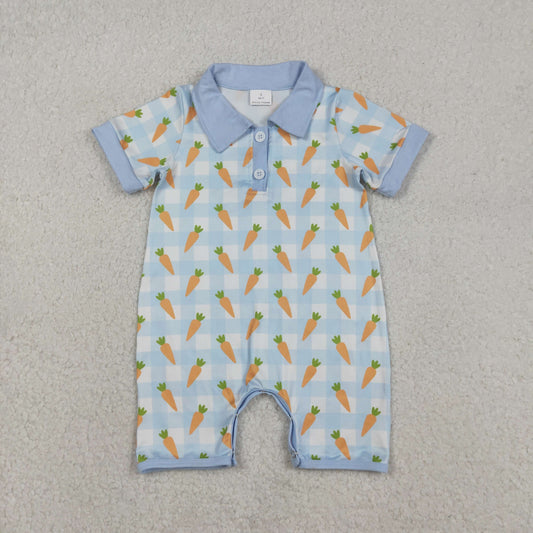 SR3254 Baby Boys Blue Checked Carrots Easter Button Shorts Romper C12.11