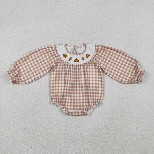 LR2205 Baby Girls Long Sleeves Khaki Plaid Smocked Turkey Leaves Ruffle Romper C10.23