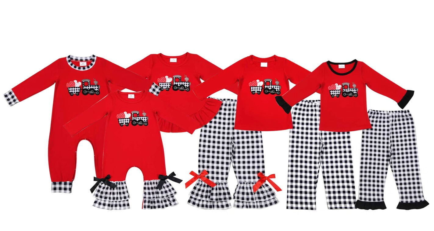 BLP0403 Embroidery Love Tractor Red Long Sleeve Black and White Plaid Series Valentine's Day