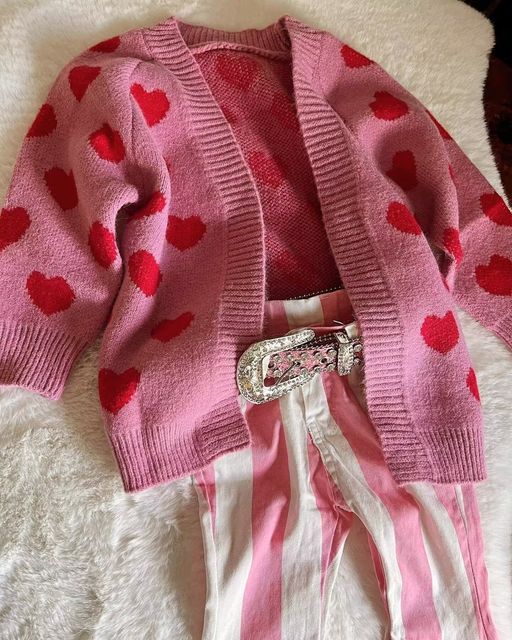 GT0372 Red Heart Rose Pink Pocket Long Sleeve Sweater Cardigan Valentine's Day
