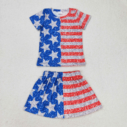 GT0584+GLK0024 4th of July Star stripes patchwork short sleeve top skirt suit