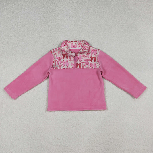 GT1149 Baby Girls Pink Bows Plaid Half Zipper Pullover Top C9.22
