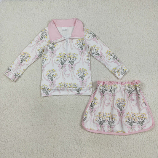 GLD1078 Baby Girls Long Sleeves Light Pink Bows Floral Plaid Zipper Top Skirts Set  C8.14