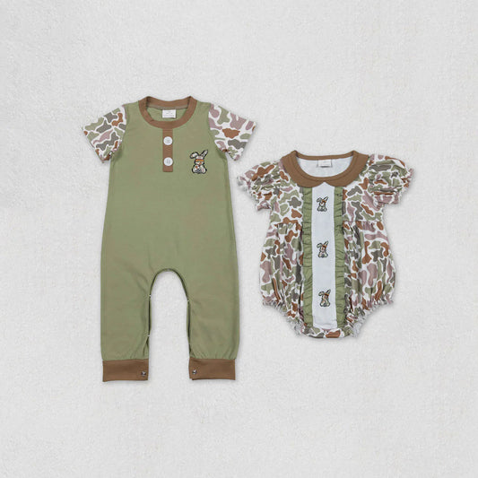Sibling Baby Boys Girls Embroidery Green Camo Rabbits Rompers C11.29