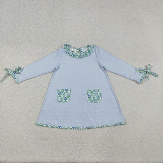 GLD0927 Baby Girls Stripes Green Flowers Pockets Knee Length Dress C9.23