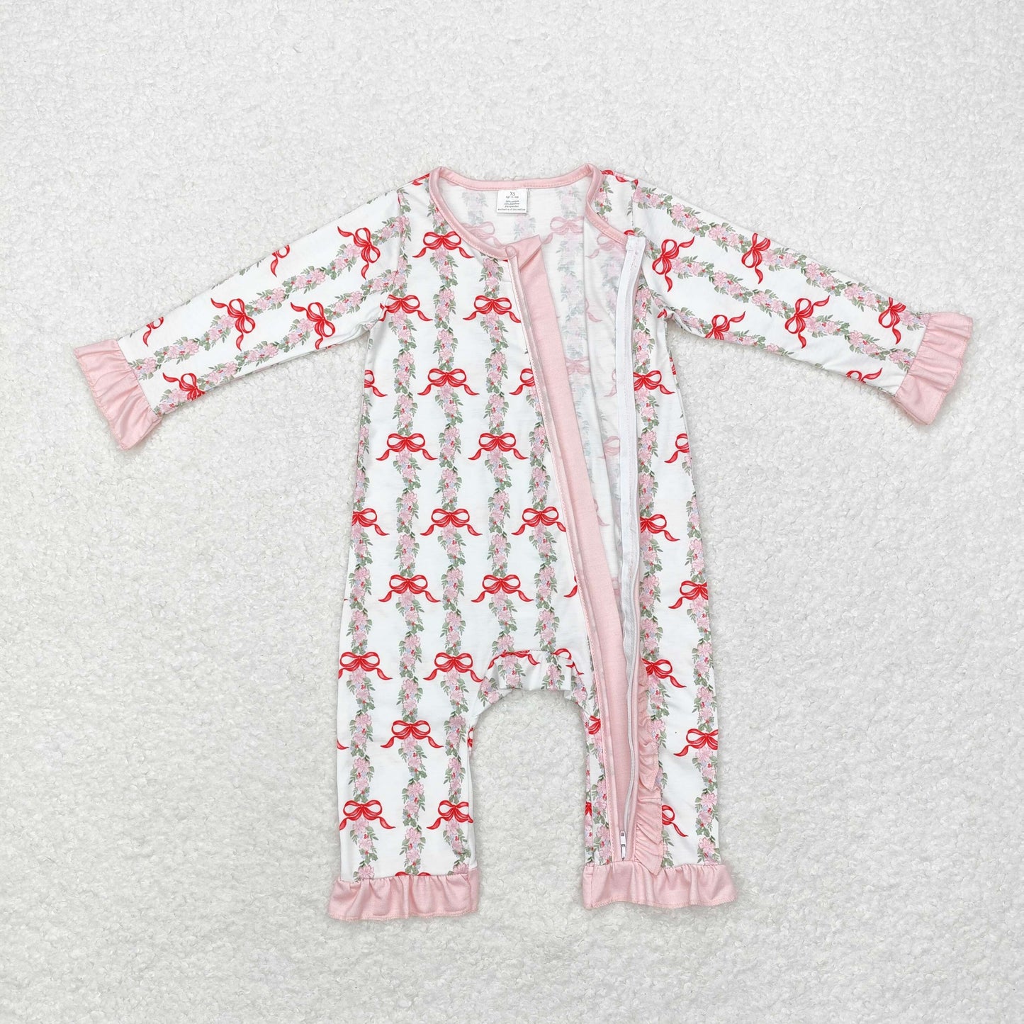 LR1517 Bamboo Flower Leaf bow pattern Pink lace White zipper long sleeve onesie
