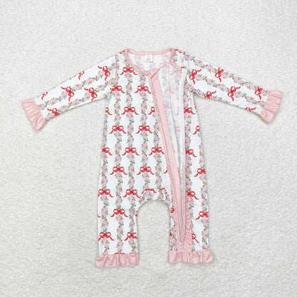 LR1517 Bamboo Flower Leaf bow pattern Pink lace White zipper long sleeve onesie