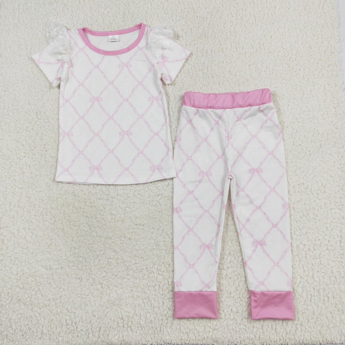 GSPO1517 Bamboo Bow pattern pink and white short-sleeved trousers pajama set