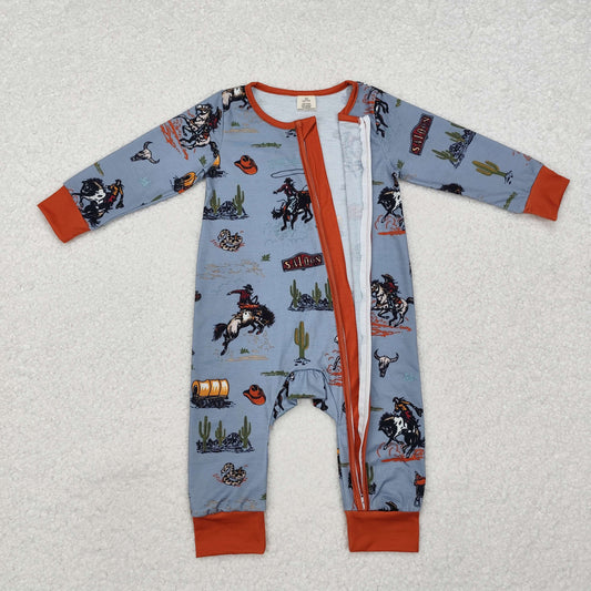 LR1858 Baby Infant Boys Western Rodeo Zip Bamboo Long Sleeve Romper