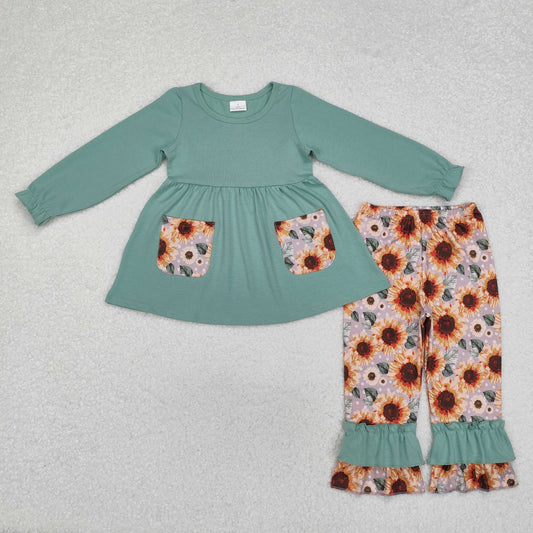 GLP1612 Baby Girls Green Pockets Tunic Top Sunflowers Ruffle Pants Clothes Set