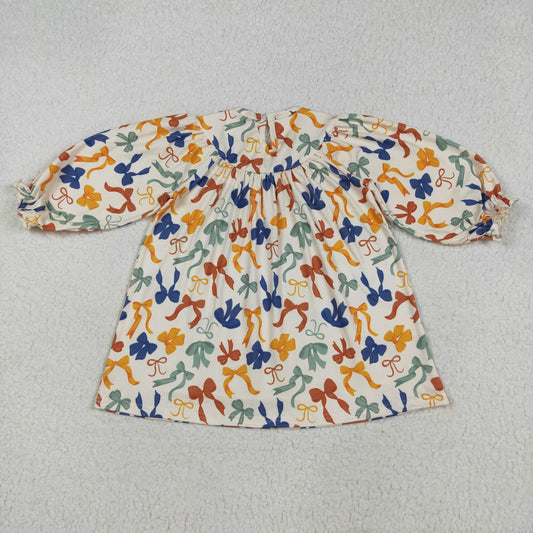 GLD1086 Baby Girls Long Ruffle Sleeves Smocked Thankful Colorful Bows Knee Length Dress 7.28