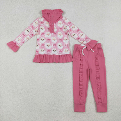 GLP2881 Baby Girls Pink Checked Santa Button Top Pockets Pants Christmas Clothes Set C10.16