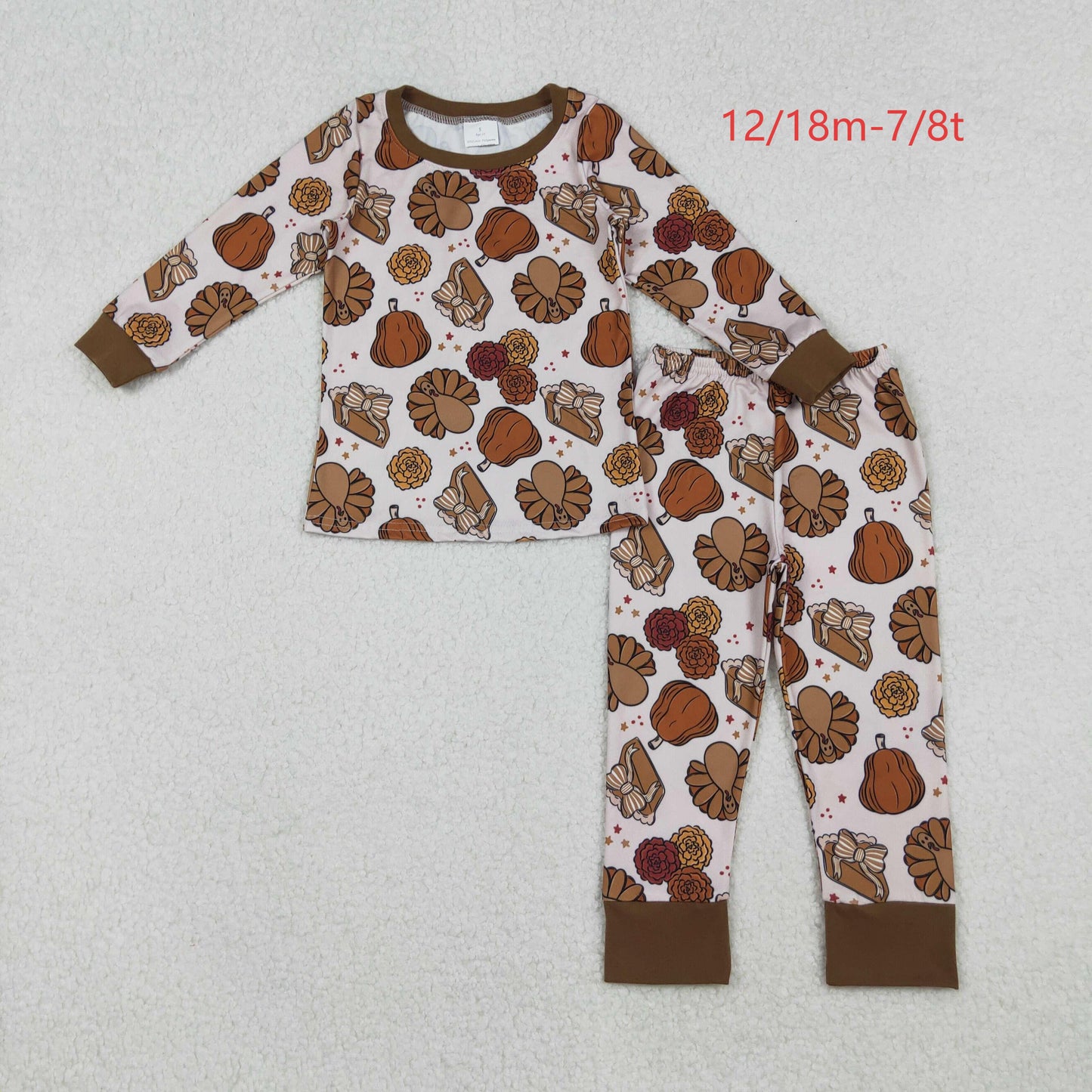 GLP2884 Baby Girls Pie Turkey Pumpkins Top Pant Thanksgiving Pajamas Set C10.17