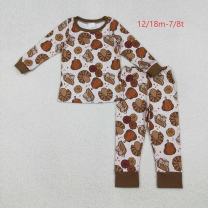 GLP2884 Baby Girls Pie Turkey Pumpkins Top Pant Thanksgiving Pajamas Set C10.17