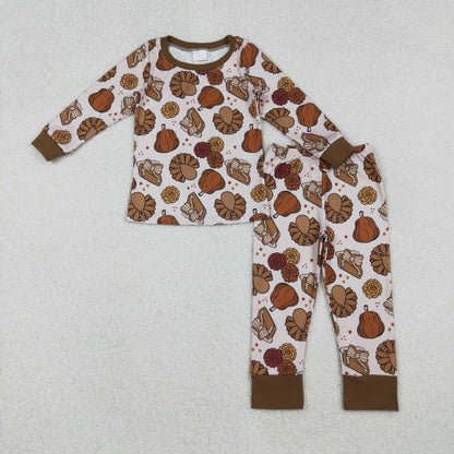 GLP2884 Baby Girls Pie Turkey Pumpkins Top Pant Thanksgiving Pajamas Set C10.17