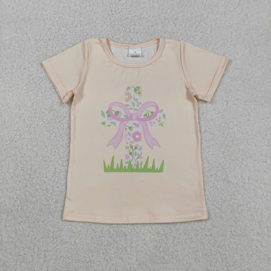 GT1397 Baby Girls Yellow Short Sleeve Flowers Cross Easter T-shirts Top C11.28