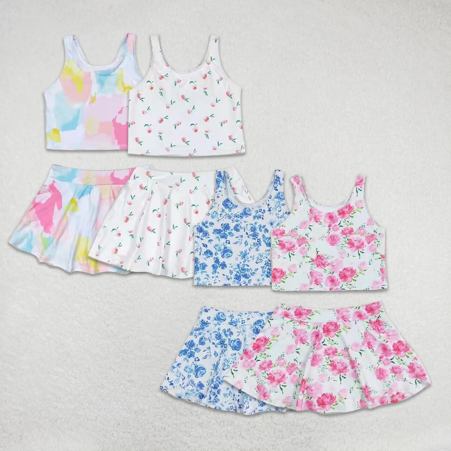 RTS NO MOQ Colorful sleeveless culottes suit Pink floral sleeveless culottes suit Blue flower white sleeveless culottes suit