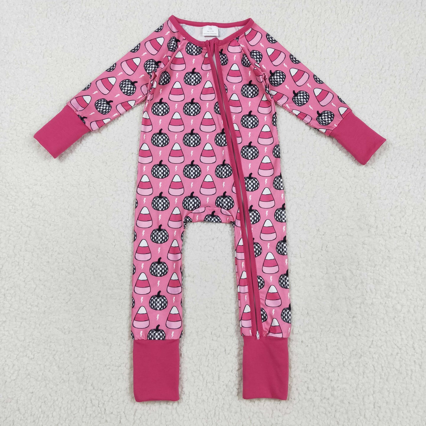 LR2467 Baby Girls Long Sleeves Plaid Pumpkins Candy Zipper Pant Romper C8.21