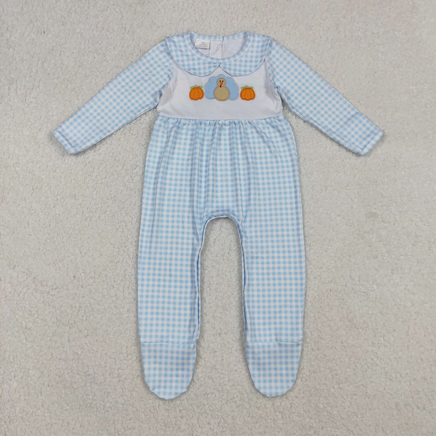LR2561 Embroidery Baby Girls Light Blue Plaid Pumpkins Turkey Fall Footed Romper C9.25