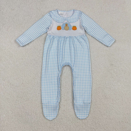 LR2561 Embroidery Baby Girls Light Blue Plaid Pumpkins Turkey Fall Footed Romper C9.25