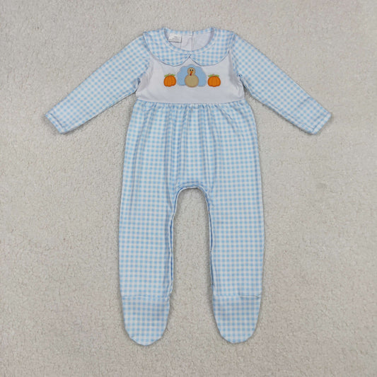 LR2561 Embroidery Baby Girls Light Blue Plaid Pumpkins Turkey Fall Footed Romper C9.25