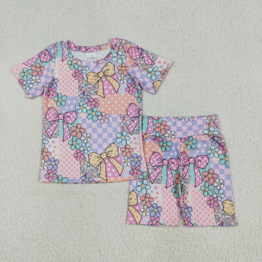 GSSO2509 Baby Girls Pink Flowers Plaid Top Short Biking Set 6.6