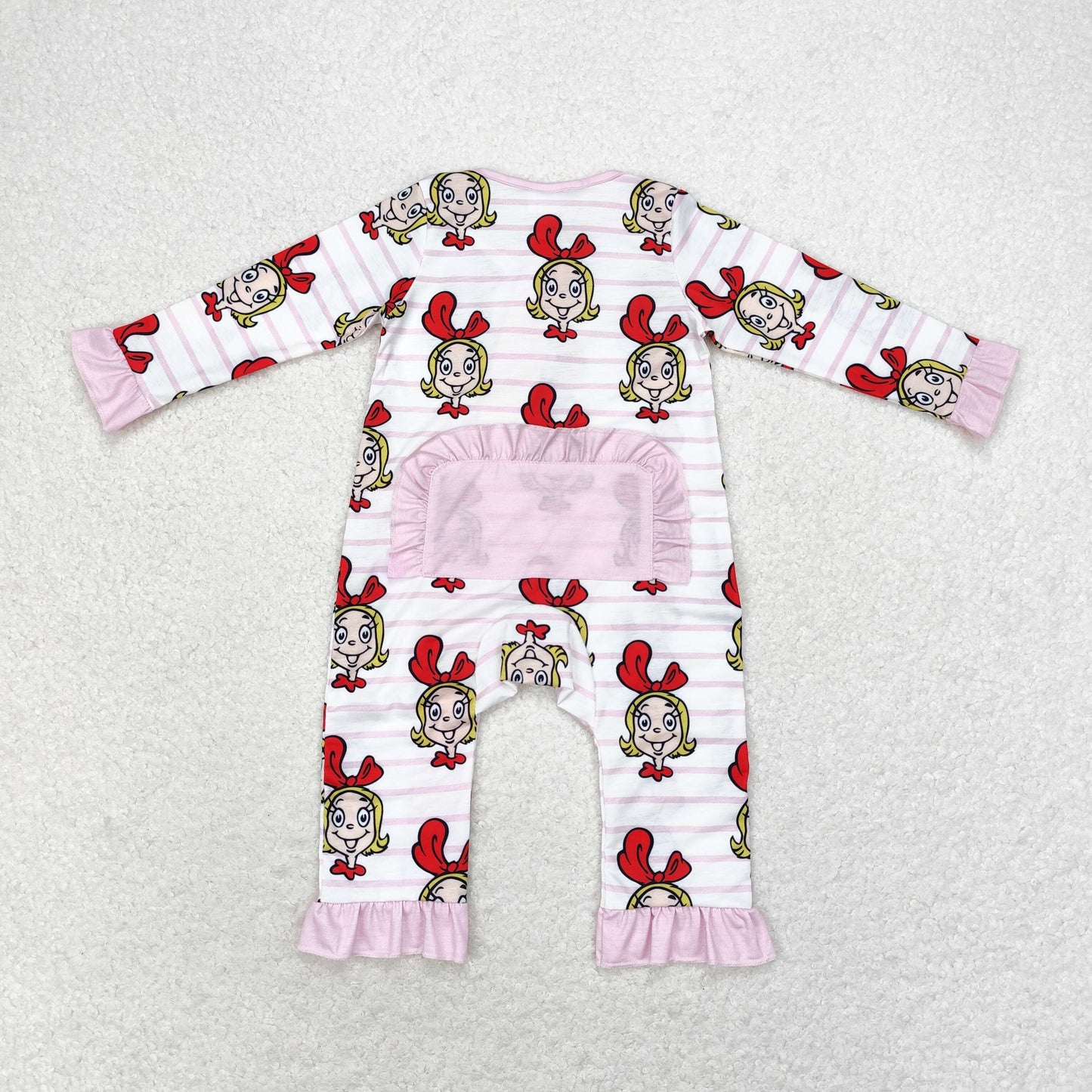 LR1001 Bamboo Girls Pink striped lace zipper long sleeve onesie