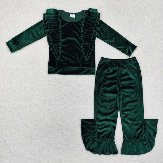 GLP2165 Baby Girls Green Ruffles Tee Shirts Top Velvet Bell Pants Clothes Set