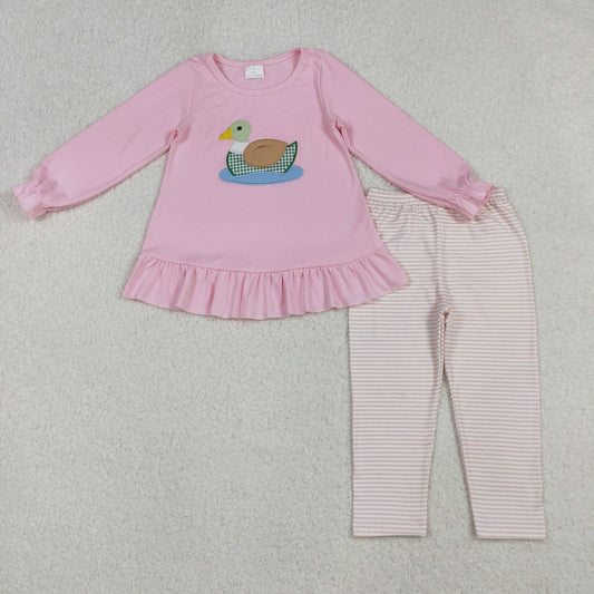 GLP2698 Embroidery Baby Girls Pink Ducks Tunic Stripe Legging Pant Set C10.8