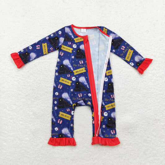 LR1132 Bamboo train lace navy blue zip-up long-sleeved onesie