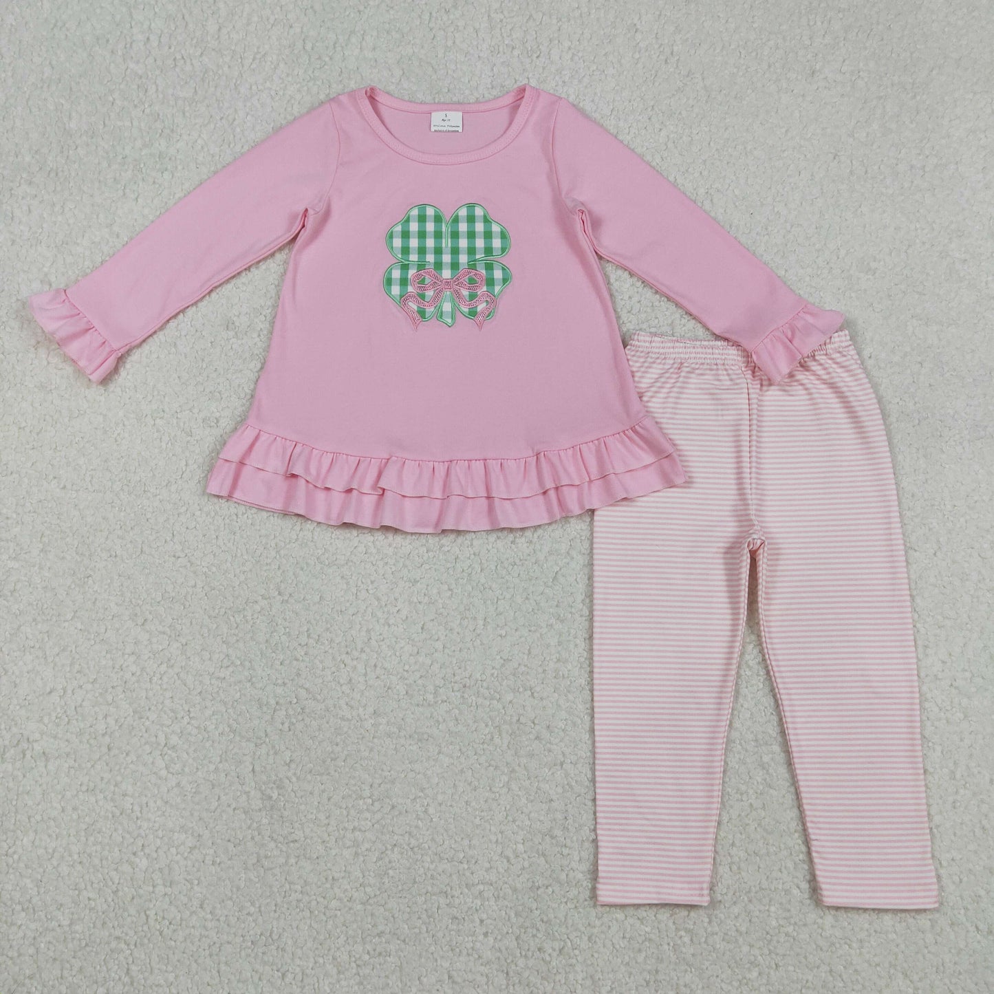 GLP2210 Embroidery Bow Clovers Baby Girls Tunic Stripe Leggings St Patrick Clothes Set C12.11