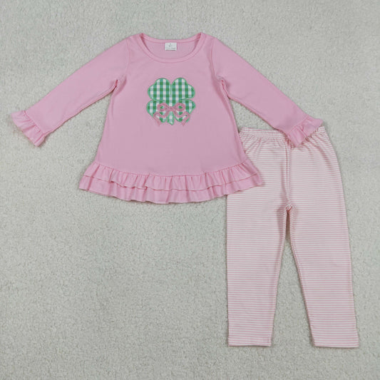 GLP2210 Embroidery Bow Clovers Baby Girls Tunic Stripe Leggings St Patrick Clothes Set C12.11