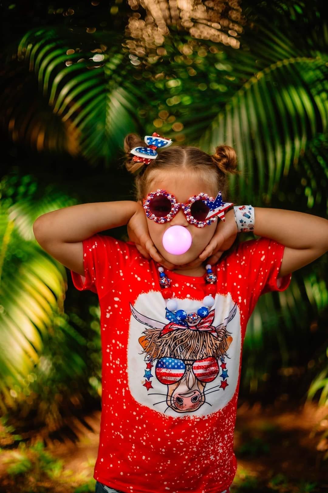 GT0114 Girls National Day Cow sunglasses red short sleeve top