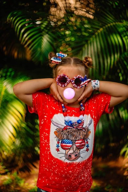 GT0114 Girls National Day Cow sunglasses red short sleeve top