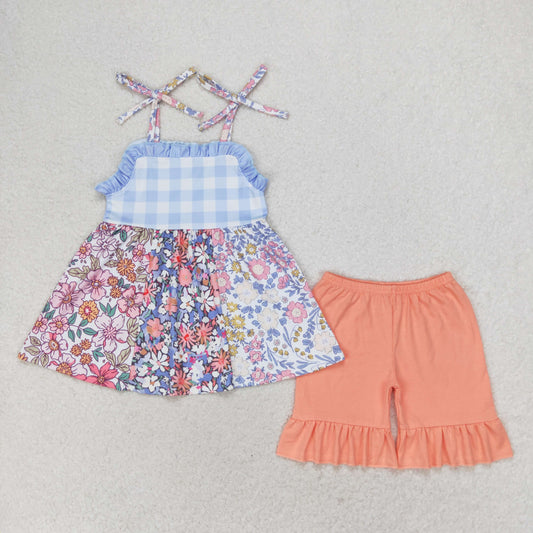 GSSO0990 Floral plaid lace with orange shorts with suspenders