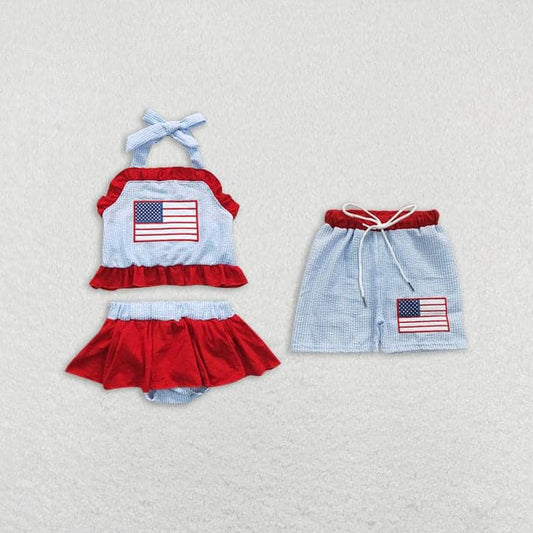 Baby Girls&Boys Sibling 4th of July Embroidered National Day flag blue bathing suit swim trunks