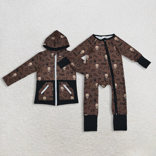 Sibling Baby Boys Brown Bull Skulls Pants Western Pajamas Sets Zipper Footie Rompers C11.14